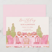 Roze vrouwelijke pastel theepartij verjaardag kaart (Voorkant / Achterkant)
