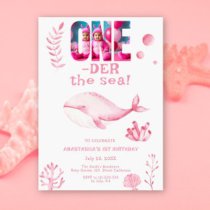 Roze Walvis Onder De Zee 1e Verjaardag Kaart