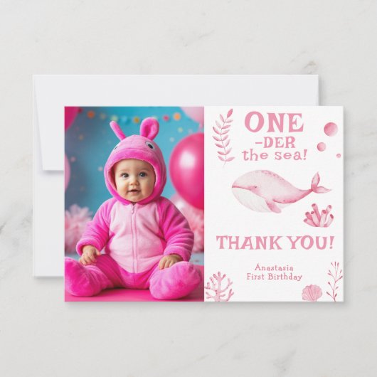 Roze Walvis Oneder Zee 1e Verjaardag Bedankkaart (Voorkant)