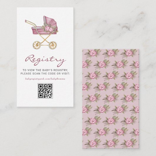 Roze  wandelwagen Baby shower QR Code Registry Informatiekaartje (Voorkant / Achterkant)