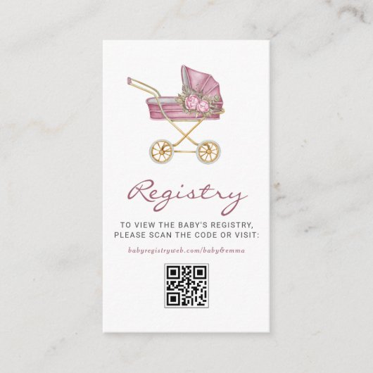 Roze  wandelwagen Baby shower QR Code Registry Informatiekaartje (Voorkant)