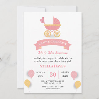 Roze wandelwagen babymeisje wieg ceremonie uitnodi kaart