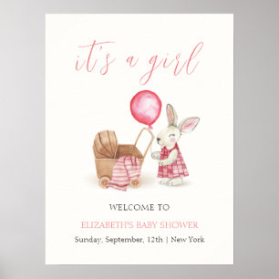 Roze wandelwagen Bunny Balloon Baby shower Welkom Poster