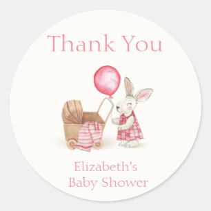 Roze wandelwagen Bunny Balloon Girl Baby shower Ronde Sticker
