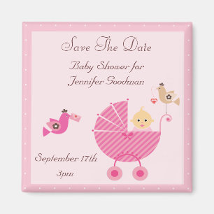 Roze wandelwagen & Vogels Save The Date Baby showe Magneet