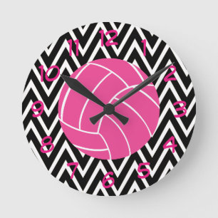 Roze wandklok rond Volleyball Chevron Zigzag Patte Ronde Klok