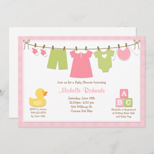 Roze wasgoed Baby shower Uitnodiging (Voorkant / Achterkant)