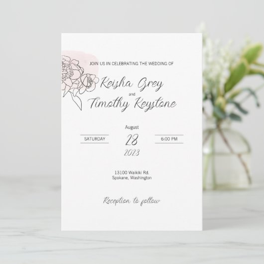 Roze Wash Line Art bruiloft uitnodiging (Staand voorkant)