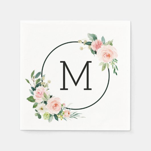 Roze Watercolor Bloem Monogram Servet (Voorkant)