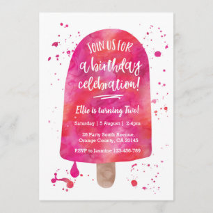 Roze Watercolor Popsicle Verjaardag Uitnodiging