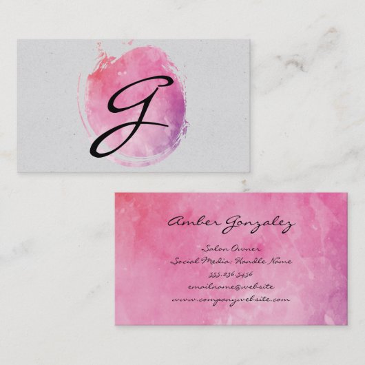 Roze waterkleurmonogram Fancy tekst Visitekaartje (Voorkant / Achterkant)