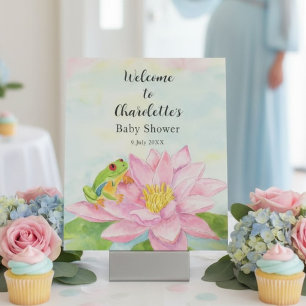 Roze Waterlelie & Boomkikker Welkom Baby Shower Reclamebord Met Voetstuk