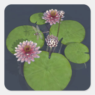  Roze Waterlelie en Dragonfly Vierkante Sticker