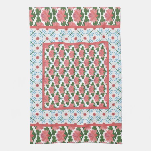 Roze waterlelies, blauwe libellen: keukenhanddoek (Verticaal)