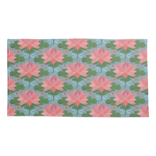 Roze waterlelies, Bleke blauwe libellen op blauw Kussensloop (Achterkant-Links)