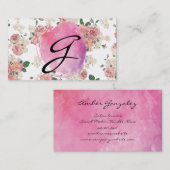 Roze watermerk monogram bloempatroon visitekaartje (Voorkant / Achterkant)