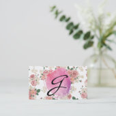 Roze watermerk monogram bloempatroon visitekaartje (Staand voorkant)