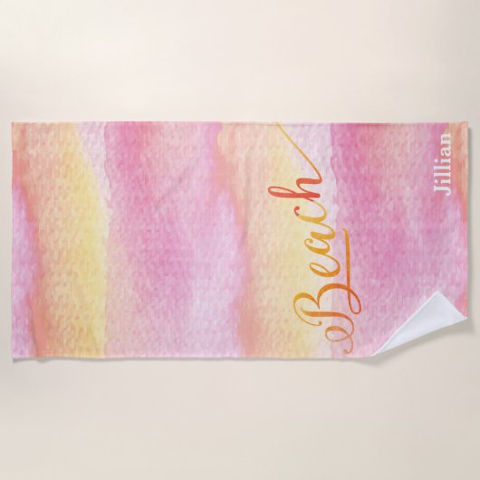 Roze Waterverf Abstract Strand Monogram Strandlaken (Voorkant)