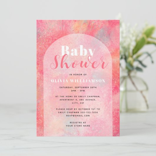 Roze Waterverf Abstracte meisjes Baby shower Kaart (Staand voorkant)