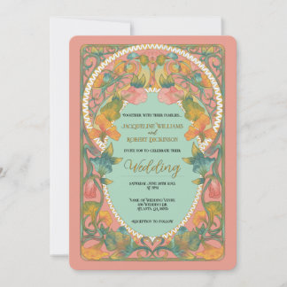 Roze Waterverf Art Nouveau Huwelijksuitnodiging Kaart