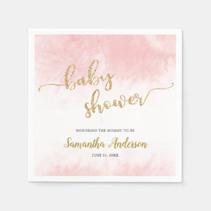 Roze Waterverf Baby shower Goud Glitter Script Servet