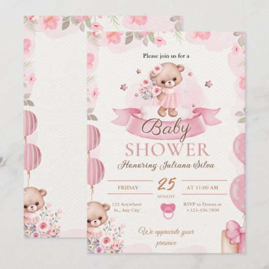 Roze Waterverf Baby shower Kaart (Voorkant / Achterkant)
