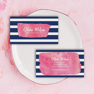 Roze Waterverf Blauwe Stripes Makeup Artist Visitekaartje