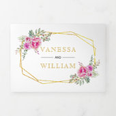Roze waterverf bloeit gouden geometrische bruiloft drieluik uitnodiging (Cover)