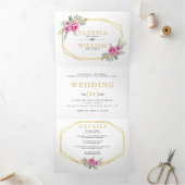 Roze waterverf bloeit gouden geometrische bruiloft drieluik uitnodiging (Binnen)