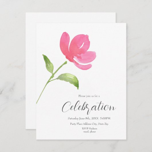 Roze Waterverf Bloem 3 Uitnodiging (Voorkant / Achterkant)