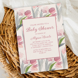 Roze Waterverf Bloem Tulpen Baby Shower Kaart