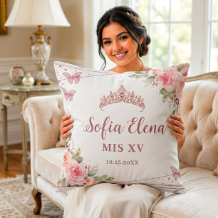 Roze Waterverf Bloemachtige Quinceañera Tiara Kussen