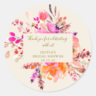 Roze waterverf bloemboeket bruiloftsfeest ronde sticker