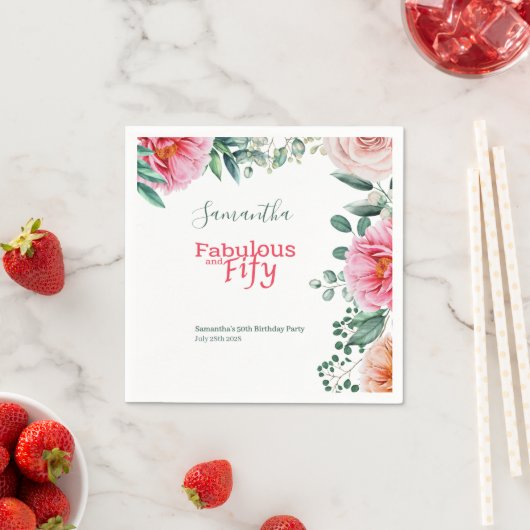 Roze Waterverf Bloemen 50ste Verjaardagsfeest Servet (Insitu)