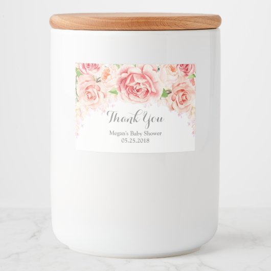 Roze Waterverf Bloemen Baby shower Label Voedselcontainer Etiket (Voorkant)
