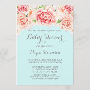 Roze Waterverf Bloemen Blauw Baby shower Uitnodigi Kaart