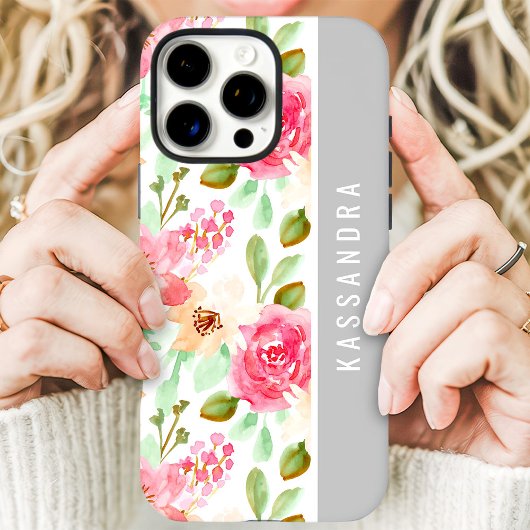 Roze Waterverf Bloemen Botanische Custom Name Case-Mate iPhone Case