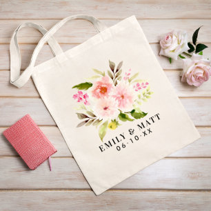Roze Waterverf bloemen Bouquet Wedding Monogram Tote Bag