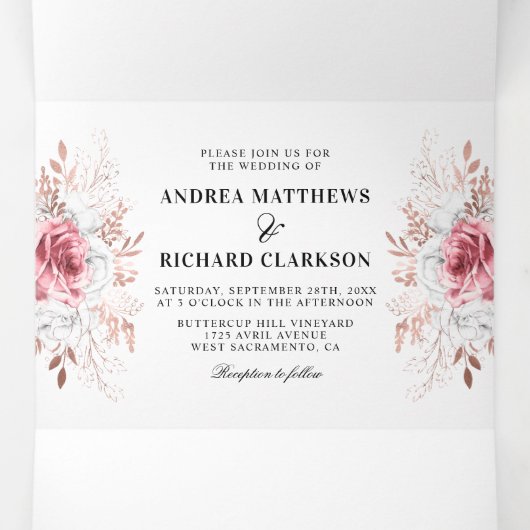 Roze Waterverf Bloemen bruiloft drievoudig Drieluik Uitnodiging (Binnenkant midden)