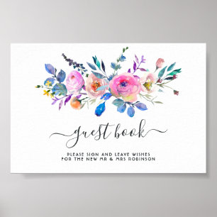 Roze waterverf bloemen bruiloft gast boek poster