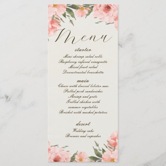 Roze Waterverf Bloemen Bruiloft Menu (Voorkant)