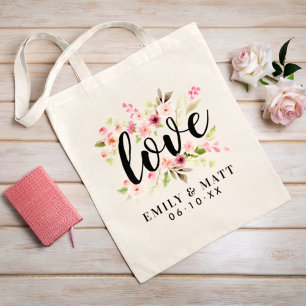 Roze Waterverf Bloemen Bruiloft Monogram Tote Bag