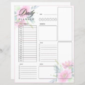 Roze waterverf bloemen dagelijks planner sheet (Voorkant / Achterkant)