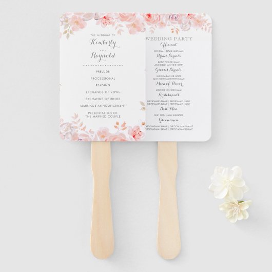 Roze Waterverf Bloemen Elegant Wedding Program Handwaaier (Voorkant en achterkant)
