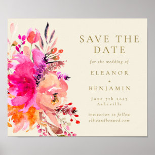 Roze Waterverf Bloemen Elegante bruiloft Save Post Poster