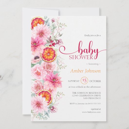 Roze Waterverf Bloemen en Citrus Baby shower Kaart (Voorkant)