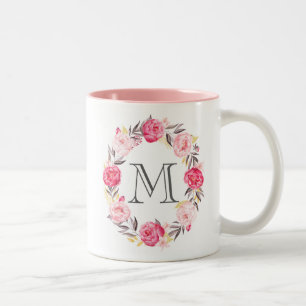 Roze Waterverf Bloemen & Faux Gold Folie Monogram Tweekleurige Koffiemok