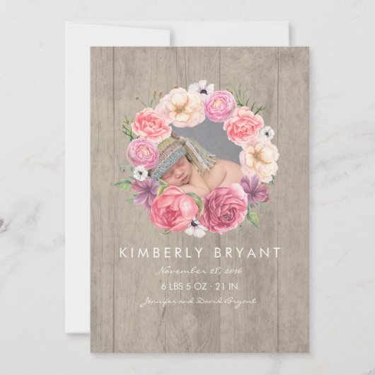 Roze Waterverf Bloemen Foto Baby Meisje Geboorte Aankondiging (Voorkant)