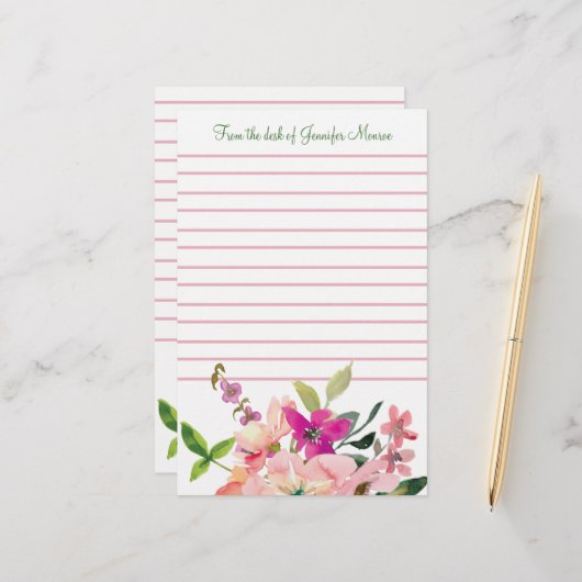 Roze waterverf bloemen, gepersonaliseerd briefpapier (Voorkant / Achterkant in situ)