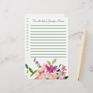 Roze waterverf bloemen, gepersonaliseerd briefpapier